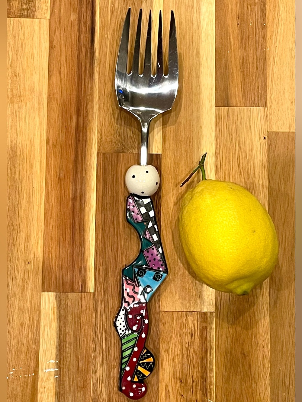 MEMPHIS STYLE  Ceramic Studio Art Serving Fork Geometric Design Handle 1980s VTG